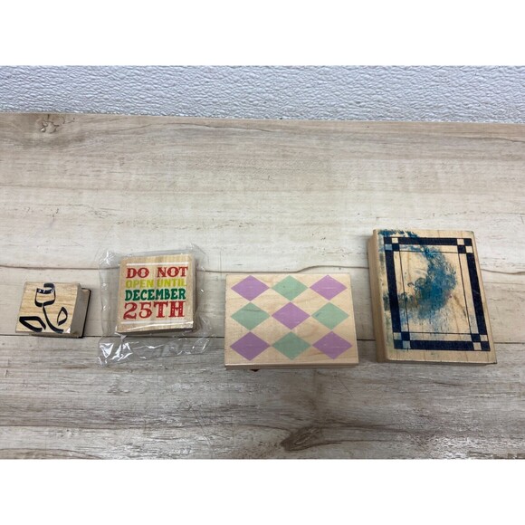 Set Of 4 Mixed Brands Wood Mounted Rubber Stamps - Picture 1 of 4